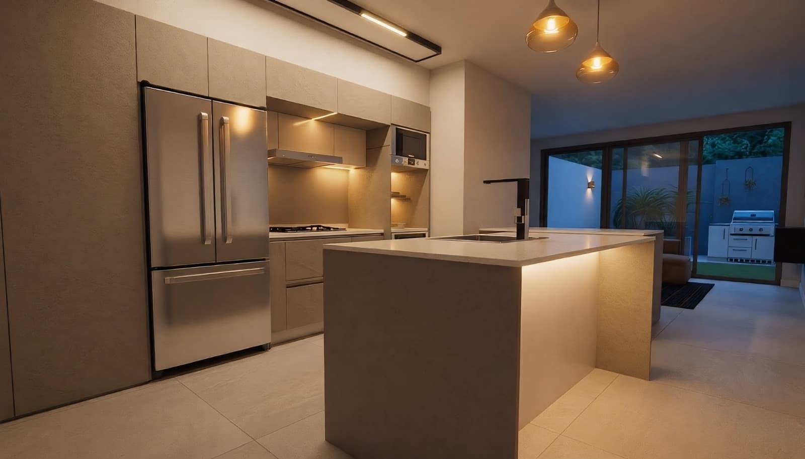 Kitchen island in the evening