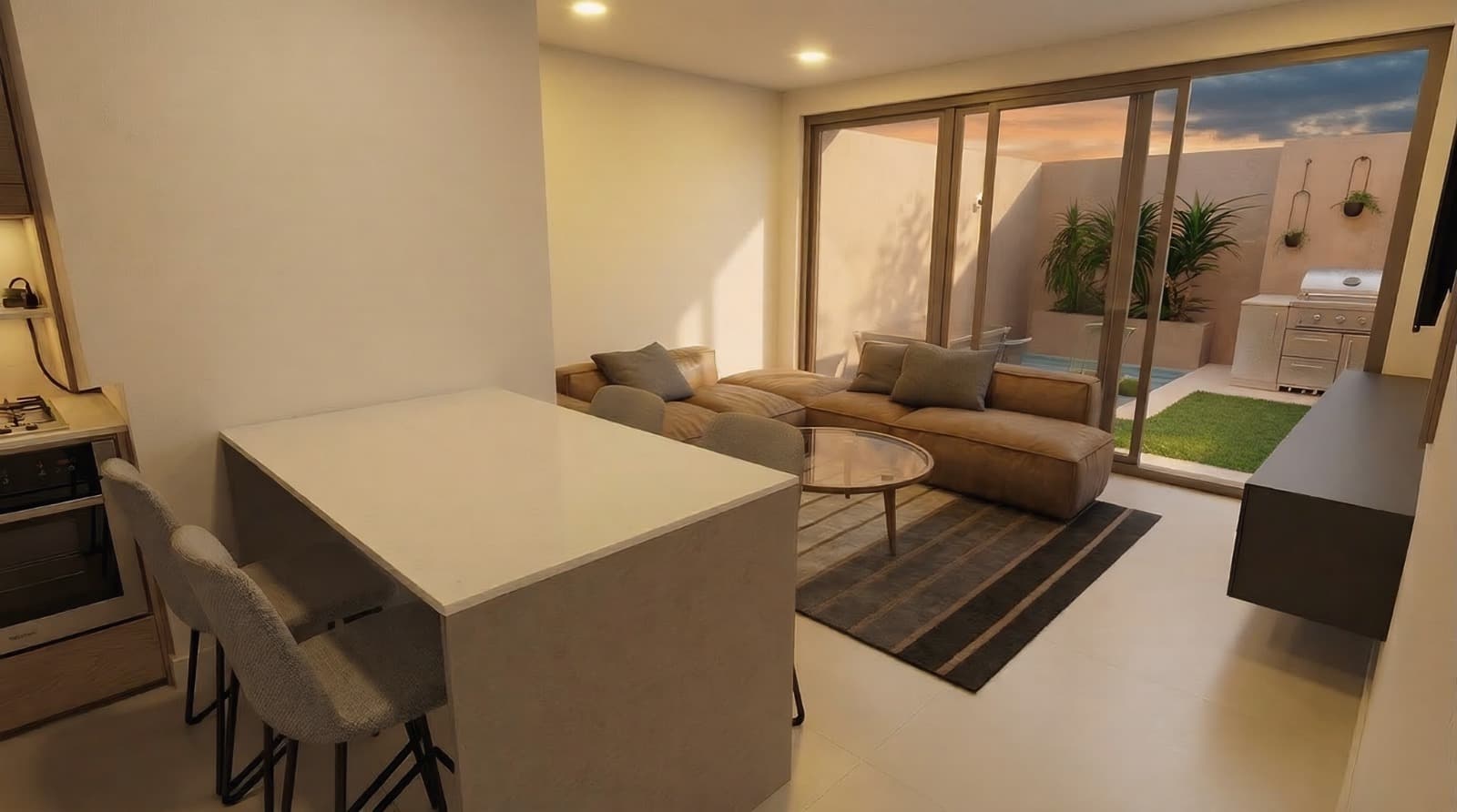 Kitchen open to the living room and patio
